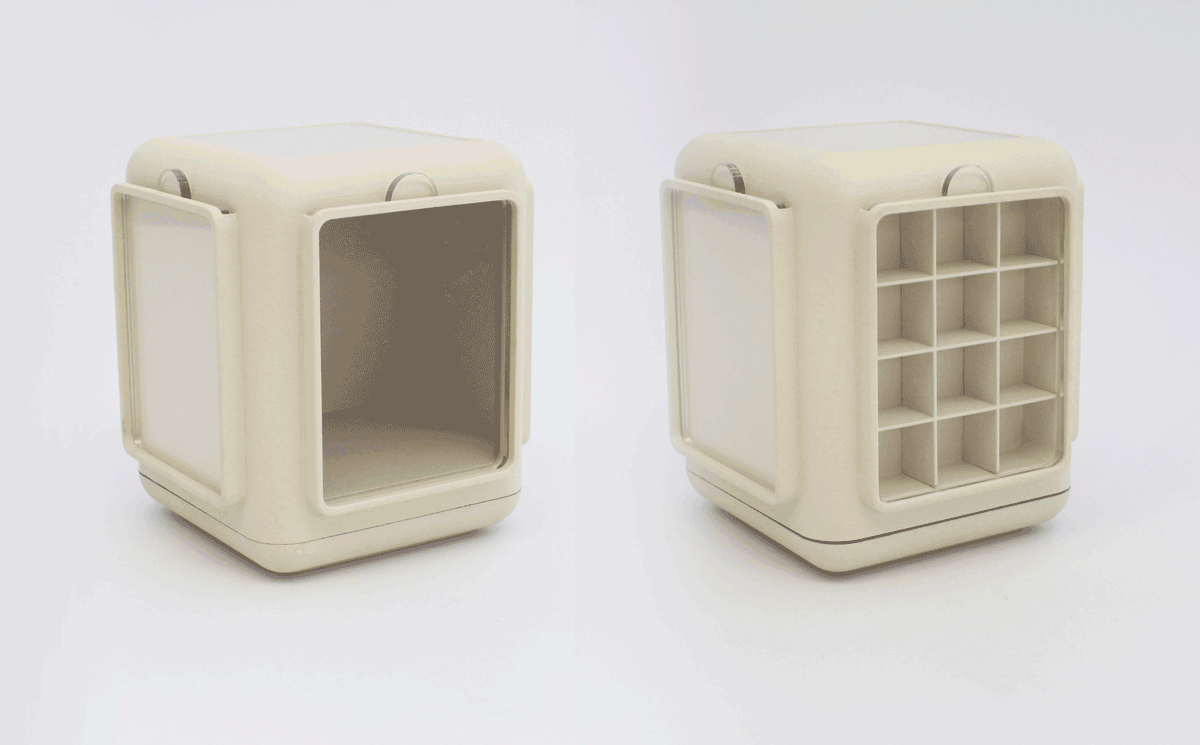 three gifs: two empty frames showcasing the small shelf unit and interior lights; rotating with a rock diaroma; opening and closing the toolkit packaging