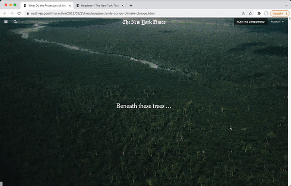 on a computer scrolling through: an aerial view of trees in the Congo; a video of a man rowing a boat, a group of men sitting on a vehicle; a boat heading deeper into the trees; a tree stump; and a man leaning on a tree. Text says: Behind these trees... along this river... down this road... lies one of the planet's greatest resources... as long as it remains disturbed. What do the protectors of Congo's peatlands get in return?